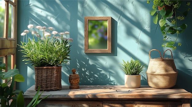 Wooden photo frame on light background