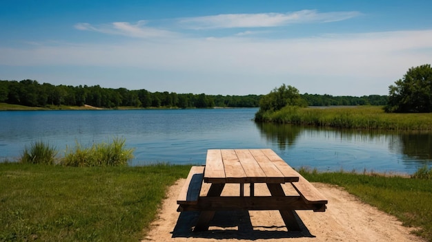 Wooden picnic table by a calm lake on a sunny day