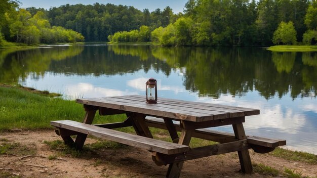 Wooden picnic table by a calm lake on a sunny day