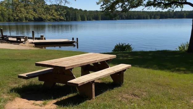 Wooden picnic table by a calm lake on a sunny day