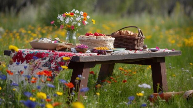 Wooden picnic table with a woven blanket and a basket of fruits Generative AI image