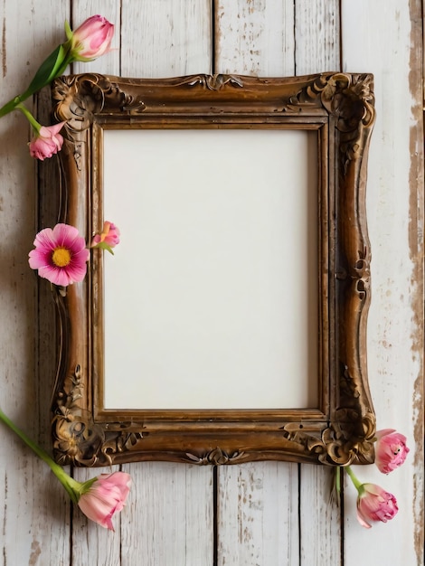 A wooden picture frame adorned with fresh flowers