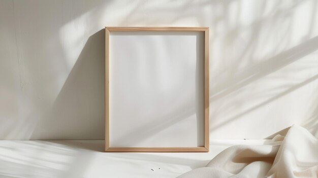 a wooden picture frame is on a white wall