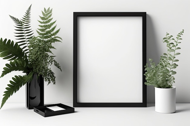 Wooden picture frame placed beside a green potted plant on a white background Generative AI