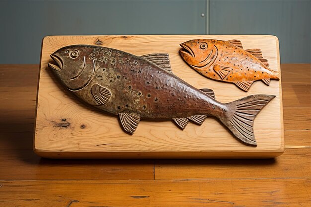 Photo a wooden piece of wood with a fish on it