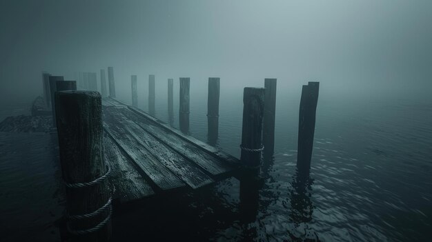 Photo a wooden pier extends into a misty lake disappearing into the fog