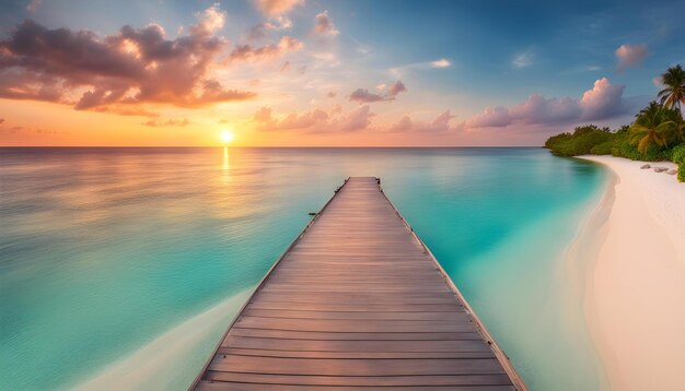 a wooden pier is in the water with the sun setting behind it