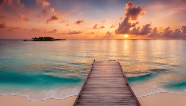 a wooden pier is in the water with the sun setting behind it