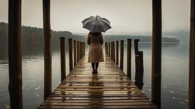 Wooden pier on the lake with woman on the pier rainy day