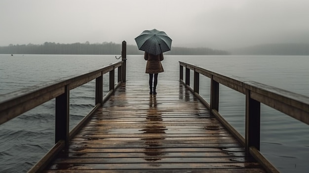 Wooden pier on the lake with woman on the pier rainy day