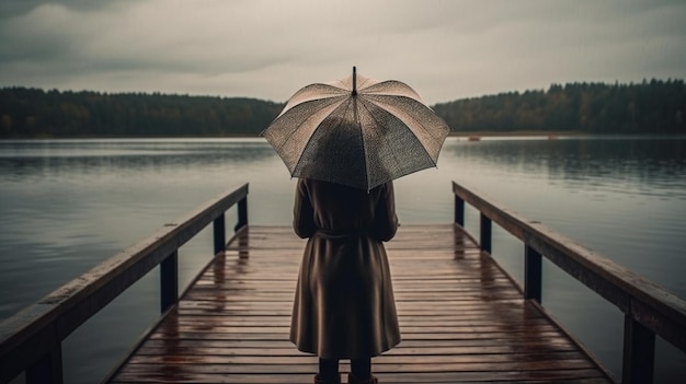 Wooden pier on the lake with woman on the pier rainy day