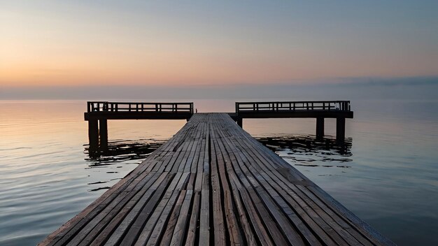 Photo a wooden pier at misty dawn in a still sea ai generated