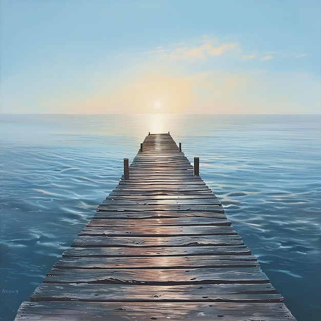 A Wooden Pier at Sunrise Extending into Calm Sea