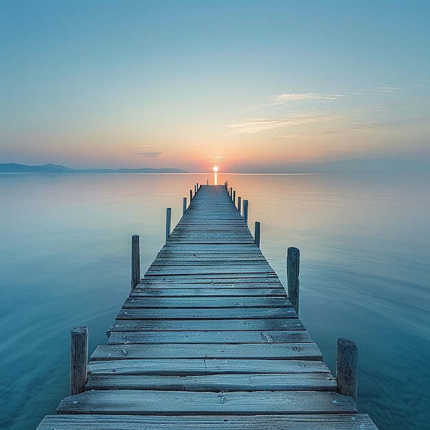 A Wooden Pier at Sunrise Extending into Calm Sea