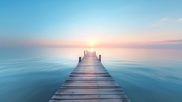 A Wooden Pier at Sunrise Extending into Calm Sea