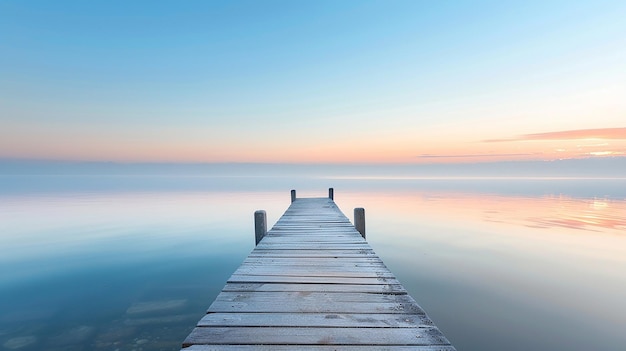 A Wooden Pier at Sunrise Extending into Calm Sea