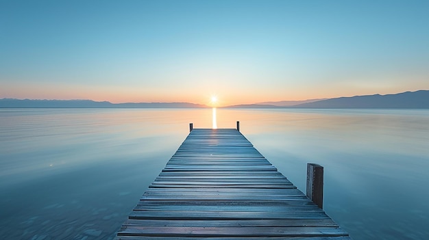 A Wooden Pier at Sunrise Extending into Calm Sea