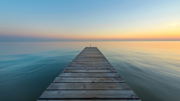 A Wooden Pier at Sunrise Extending into Calm Sea