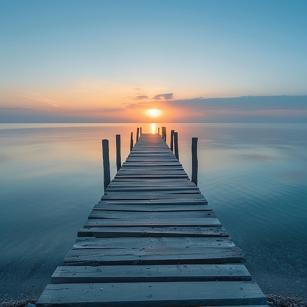 A Wooden Pier at Sunrise Extending into Calm Sea