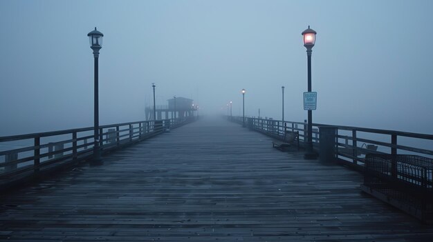 Wooden pier with a beautiful view of the ocean in the distance The pier is surrounded by a thick fog which gives it a mysterious and eerie feeling