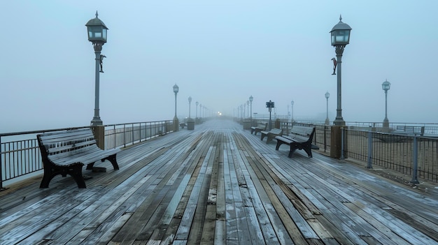 Wooden pier with benches and street lamps disappearing into the distance in the fog