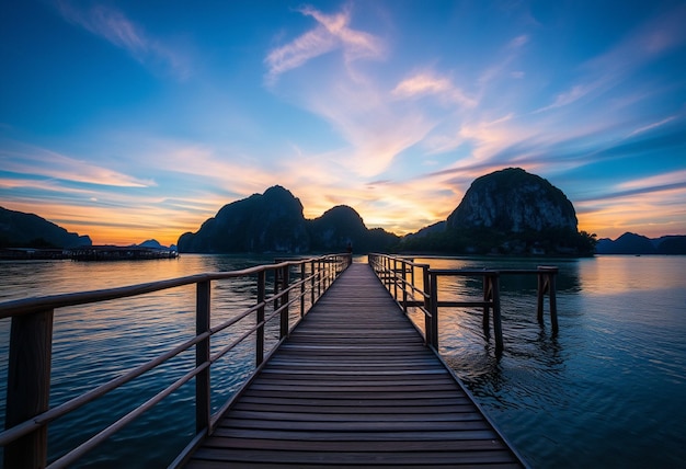 a wooden pier with a bridge that says  sunset