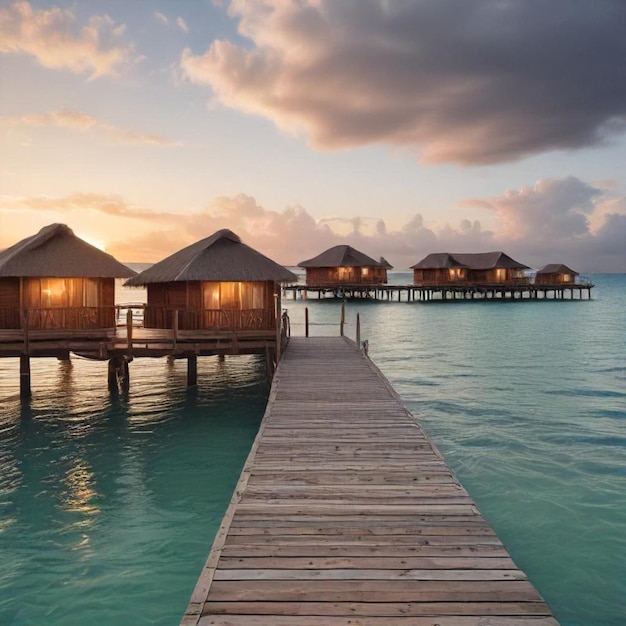 a wooden pier with bungalows on the water and a row of bungalows on the water