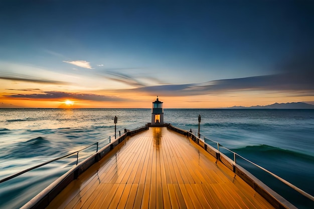 a wooden pier with a light house on the top of it