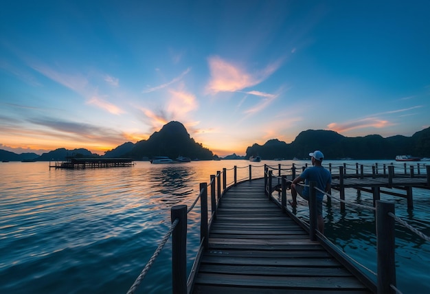 a wooden pier with a man sitting on it and a sunset in the background