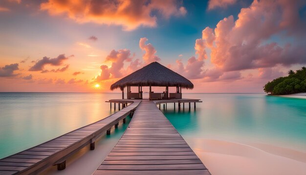 a wooden pier with a palm tree on the horizon