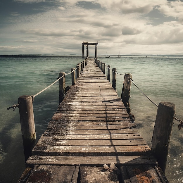 A wooden pier with a rope on it that says " the word " on it.