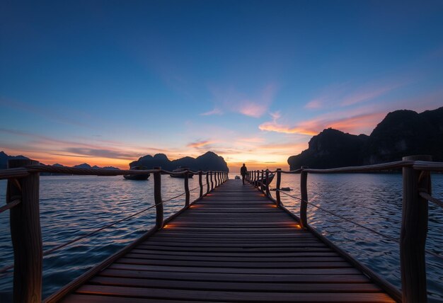 a wooden pier with a sunset in the background