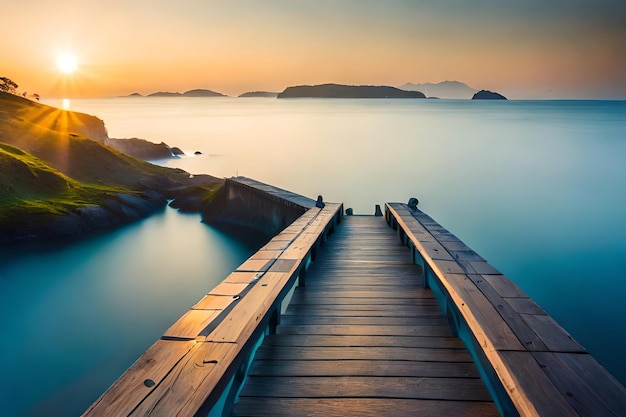 a wooden pier with a sunset in the background