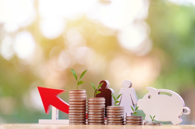 Wooden  Piggy  in closeup and leaf on coins stack in the natural background Saving ideas and investm