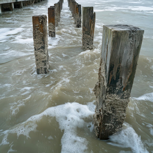 Wooden pilings emerging from the surf near a beach at sunset