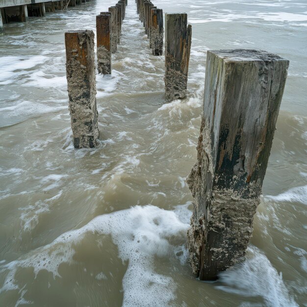 Photo wooden pilings emerging from the surf near a beach at sunset