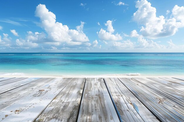 Photo a wooden plank on a beach with the ocean in the background