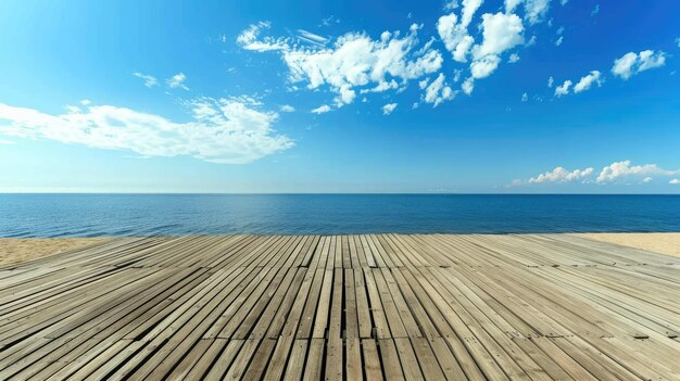 Photo wooden or plank flooring on a sandy beach in summer for product display calm sea background and blue sky