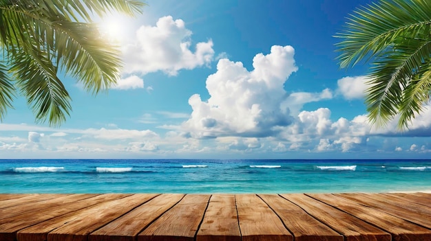 wooden plank or wooden table with sea and palm trees in the background