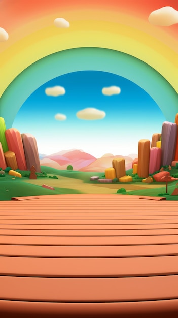 Photo wooden planks in front of a cartoon landscape with rainbow arch green hills and blue sky with clouds