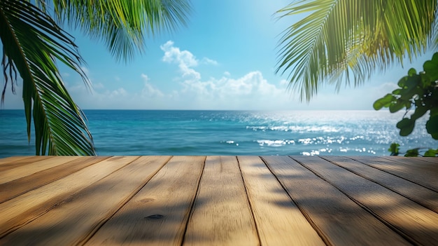 Wooden planks with ocean view and palm tree leaves