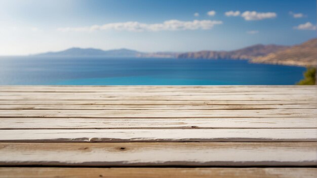 Photo wooden planks on a wooden deck with the ocean in the background