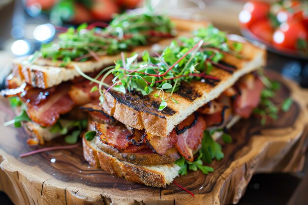 Photo a wooden plate holds a cut sandwich placed on top showcasing a plating presentation with garnish