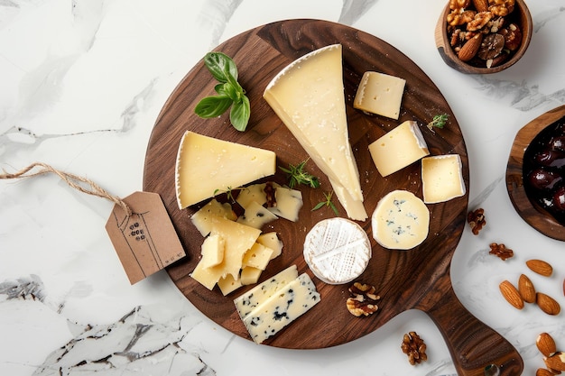 Photo a wooden plate laid out with a selection of cheese and assorted nuts for a tasty snack or appetizer