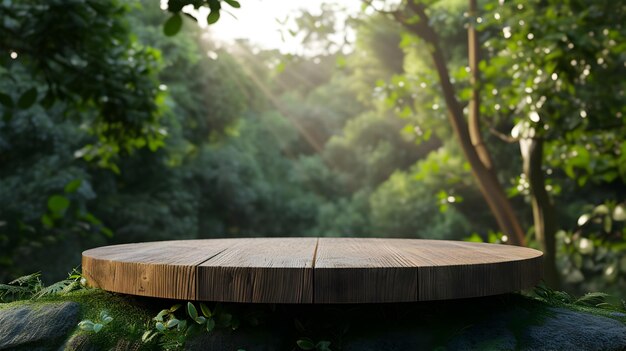 A wooden plate or podium on a wooden table in front of leaf and forest