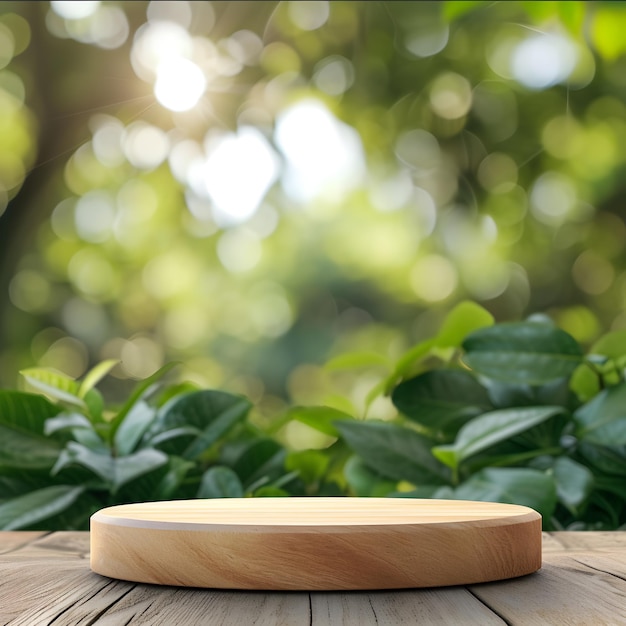 A wooden plate or podium on a wooden table in front of leaf and forest