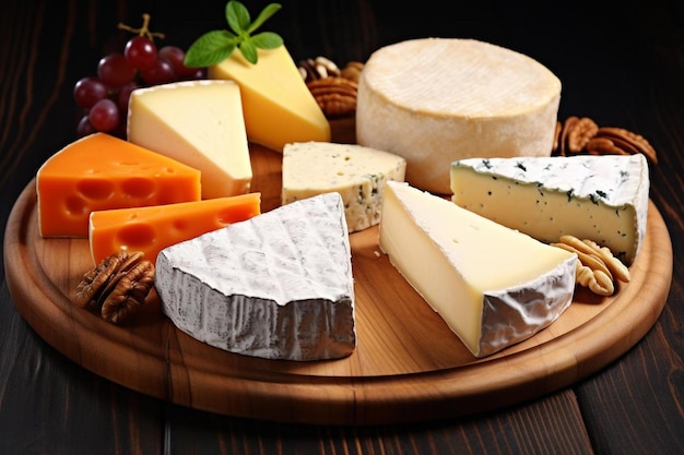 a wooden plate topped with lots of different types of cheese