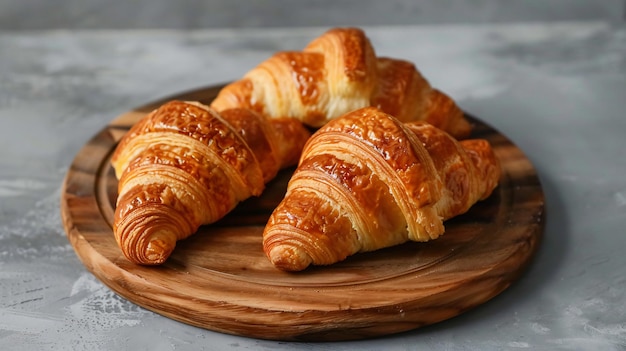 a wooden plate with croissants on it and one of the croissants is on a wooden plate