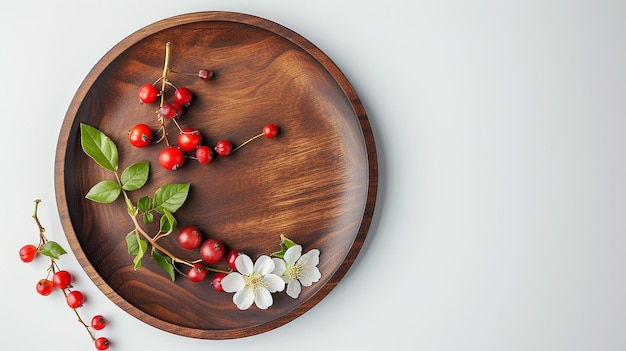 Wooden Plate with Fresh Rosehip Berries and Flowers