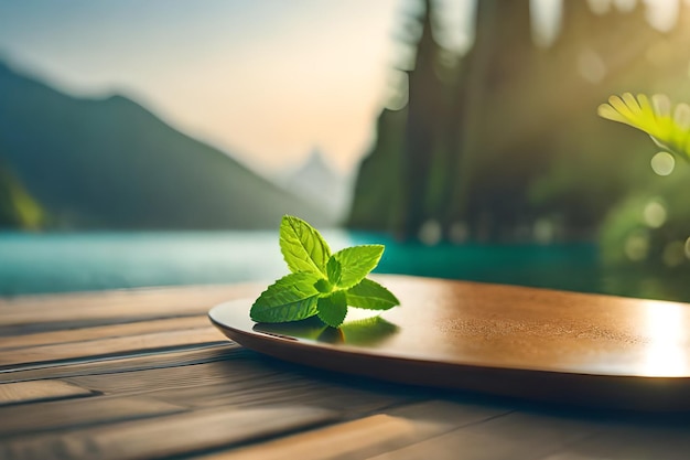 A wooden plate with a leaf on it that says mint on it.